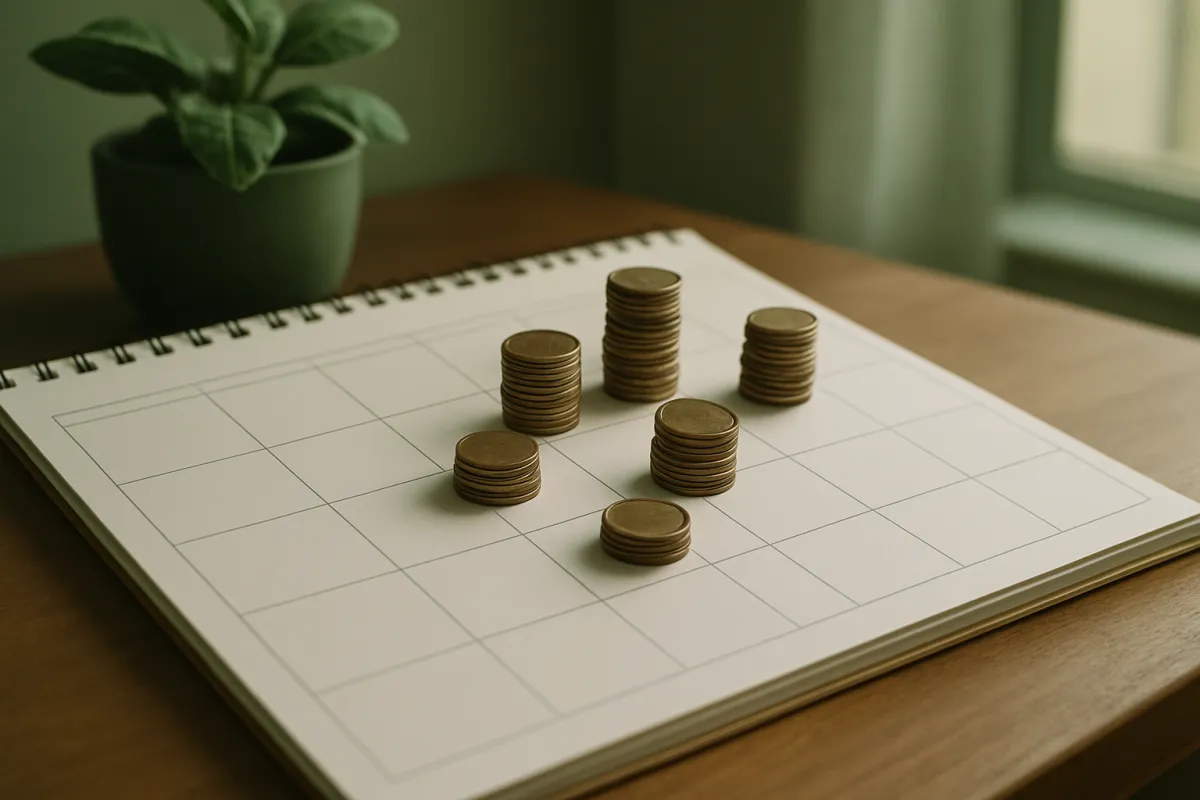 A blank spiral-bound grid calendar page lying on a wooden desk with six small stacks of coins resting on separate squares, a potted green plant behind it