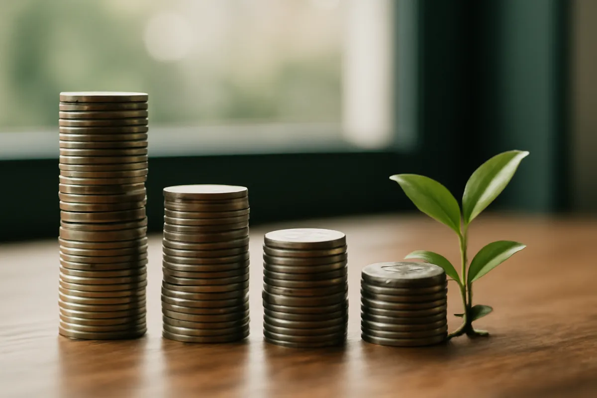 Four stacks of coins of descending height standing in a row on a polished wooden table, with a small green seedling growing beside the shortest stack and a window blurred behind