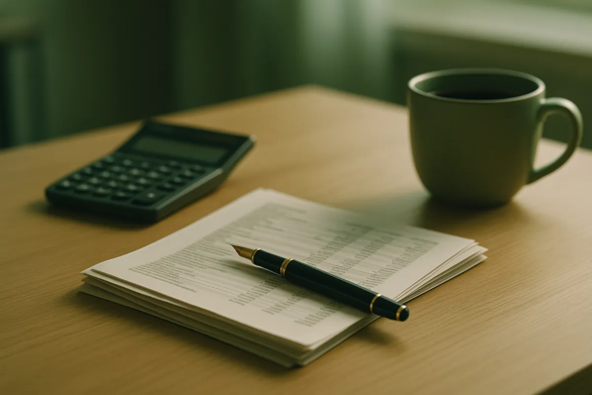 A small stack of printed pages covered in columns of figures on a pale wooden desk, with a dark fountain pen resting on top, a calculator to the left and a green mug behind