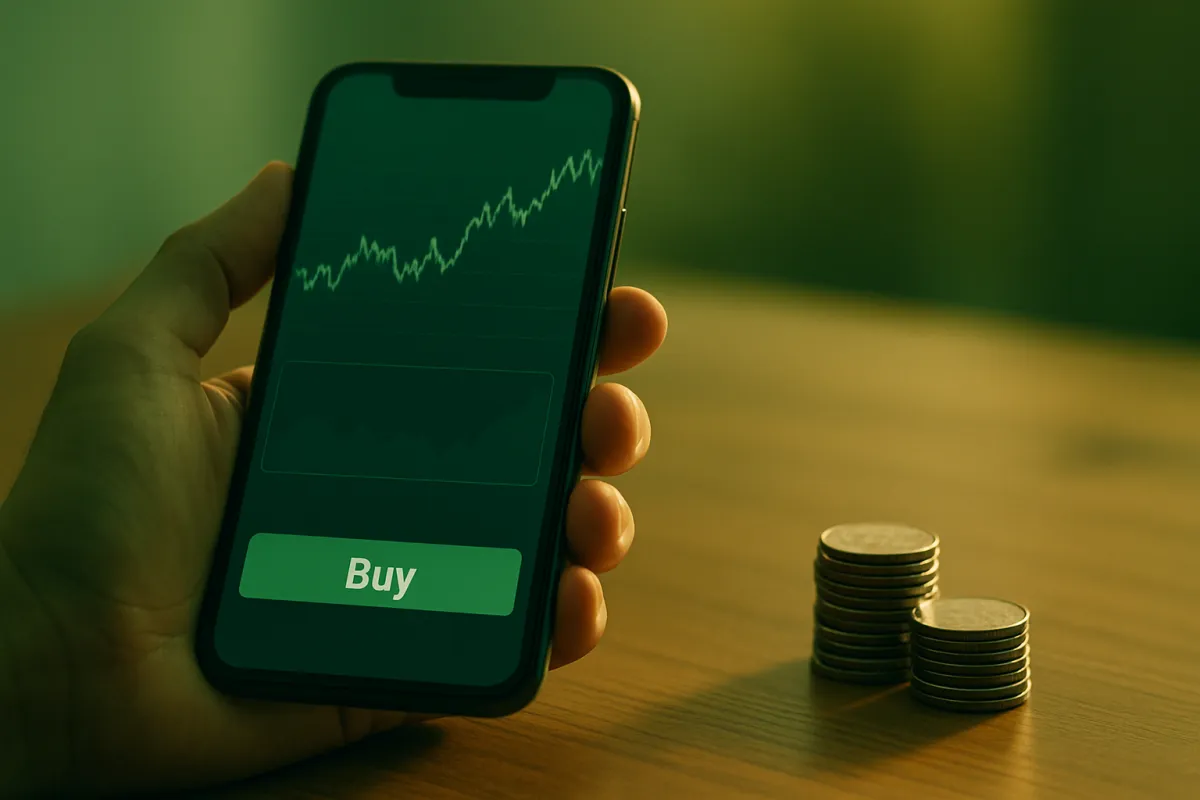 A hand holding a phone that shows a jagged rising green line chart above a large green Buy button, on a wooden table beside two short stacks of coins in green-tinted light