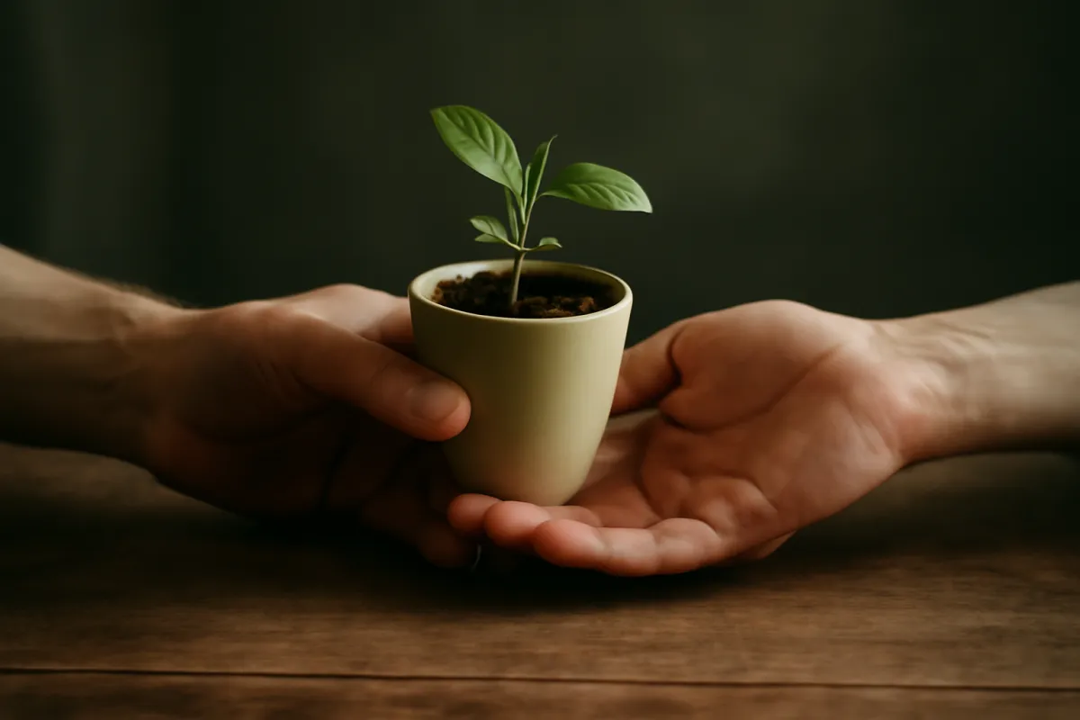 Two hands meeting over a wooden table, one passing a small pale pot holding a green seedling to the other, in soft green-tinted light
