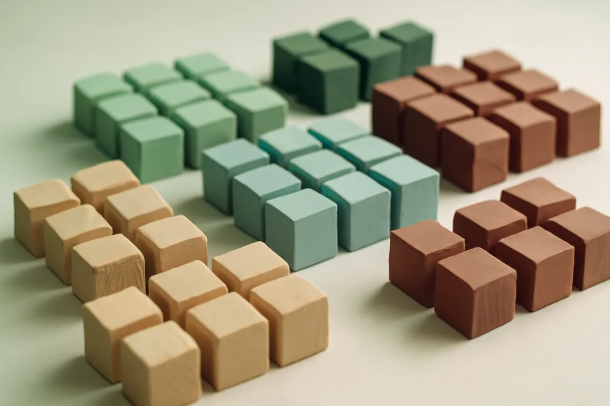 Small painted wooden cubes grouped into separate clusters by colour, pale green, dark green, light blue, natural wood and terracotta, arranged on a pale surface