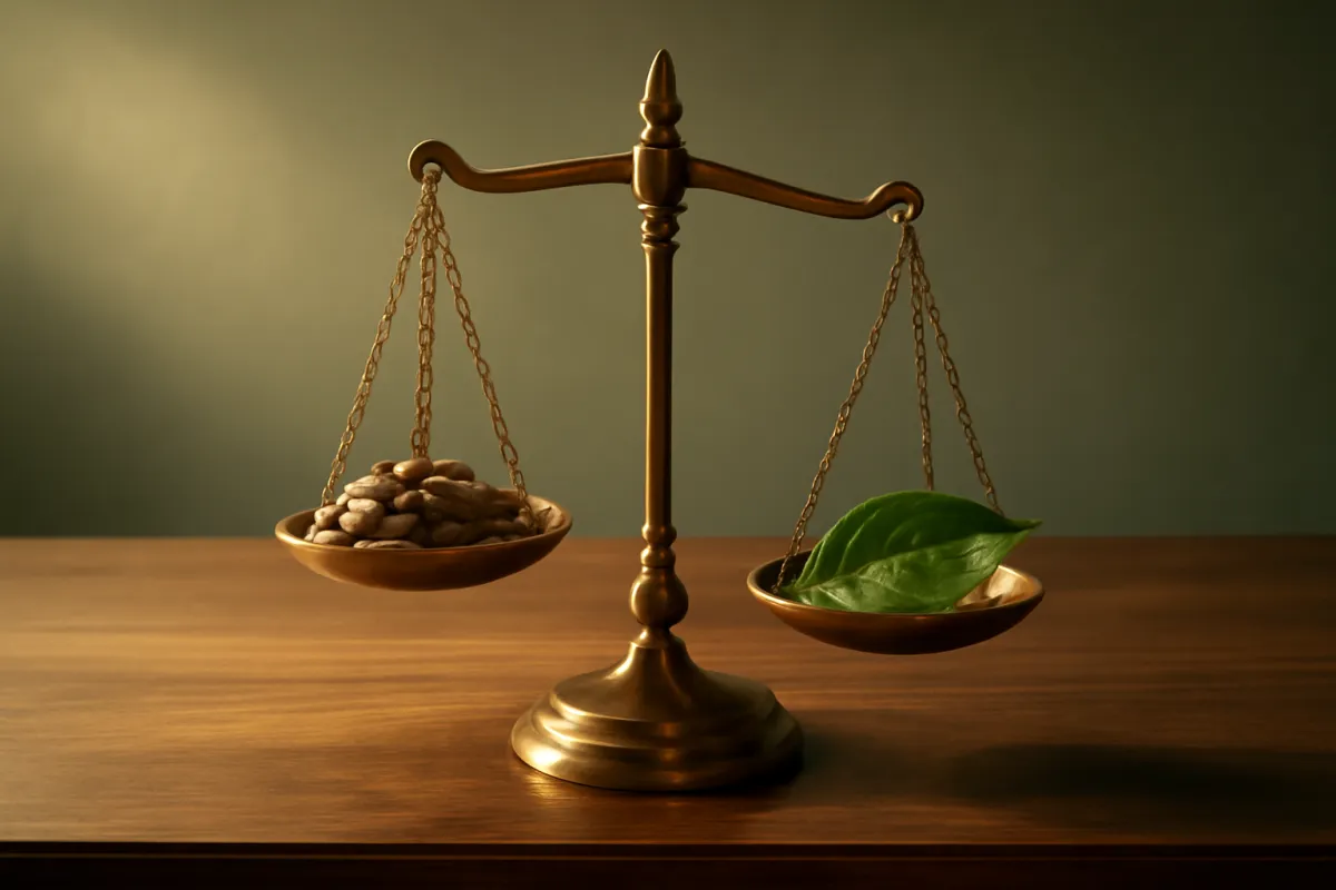 A brass balance scale on a wooden table against a muted green wall, one pan holding a heap of pale dried beans and the other holding a single large green leaf, the pans hanging at slightly different heights