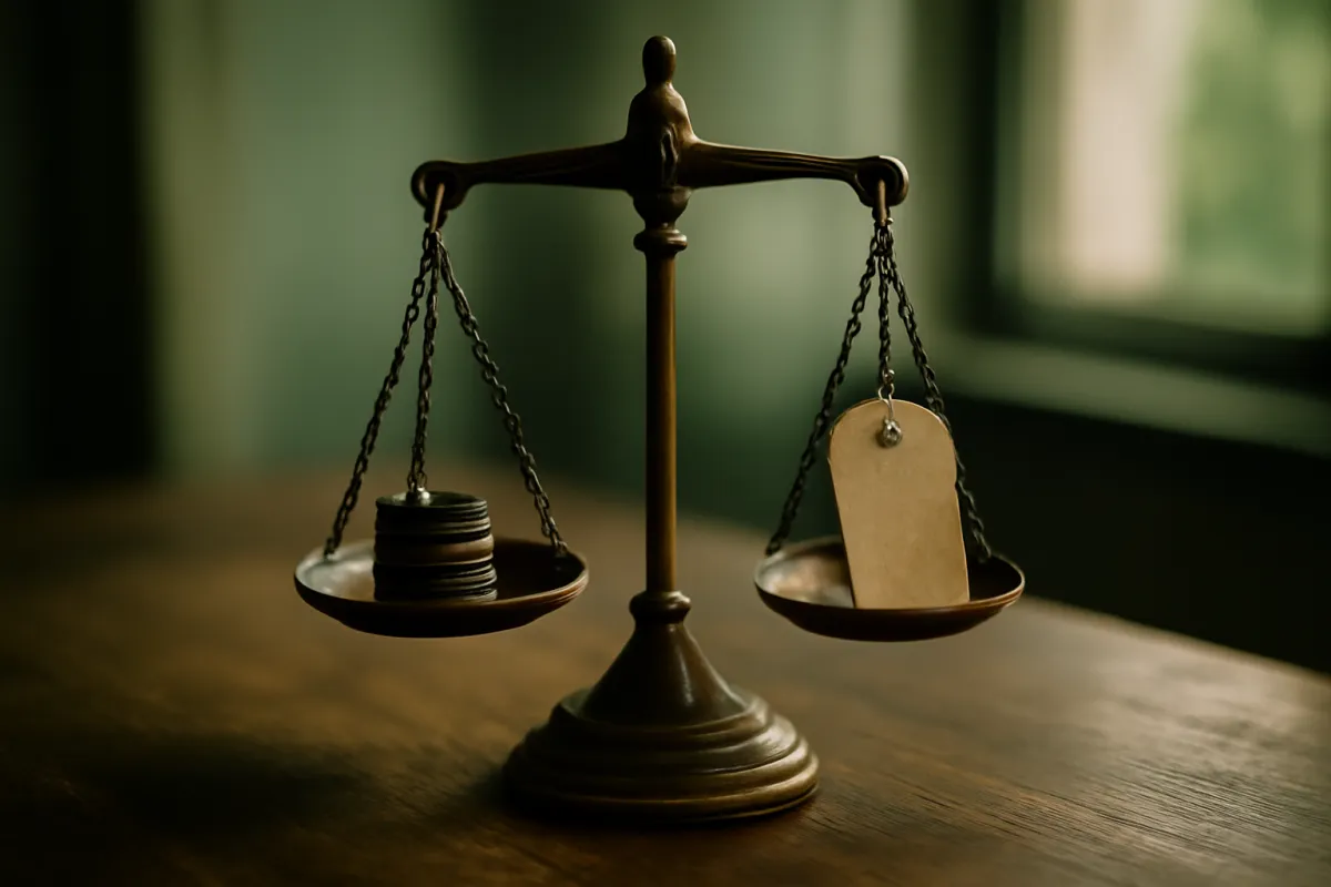 A brass balance scale on a wooden table with a short stack of coins on one pan and a blank tag on the other, the beam sitting level