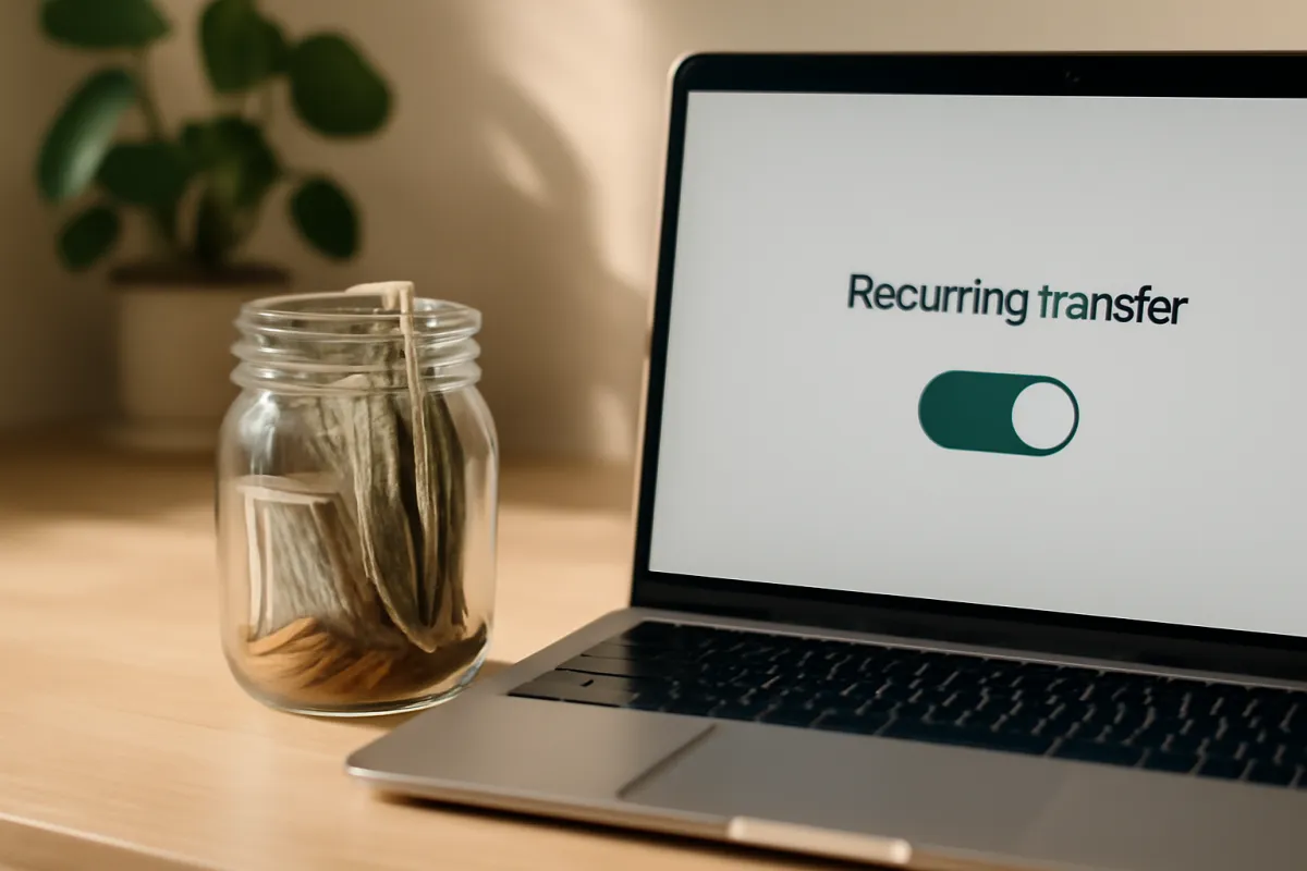 A laptop screen showing a 'Recurring transfer' toggle switched on, next to a glass jar of folded cash on a wooden desk
