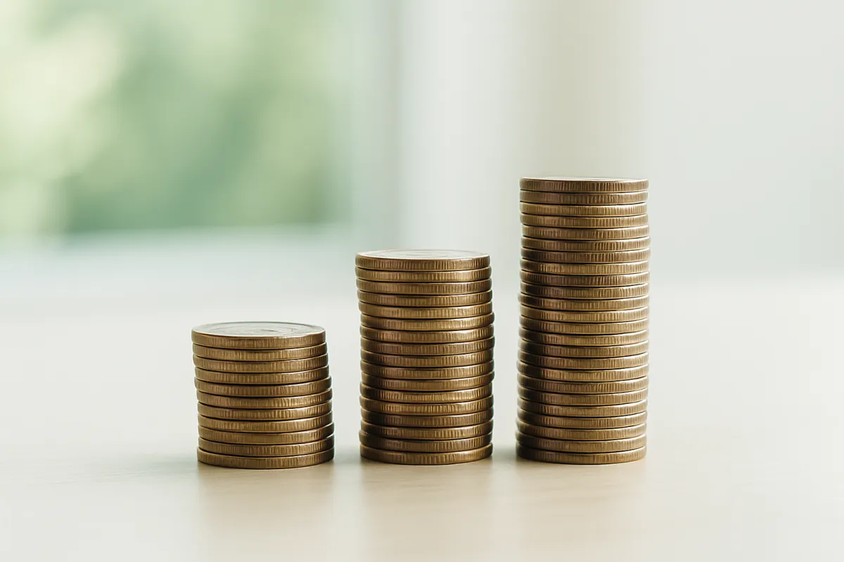 Three stacks of coins of increasing height, short, medium, and tall, standing in a row on a light wood surface near a window with soft green light