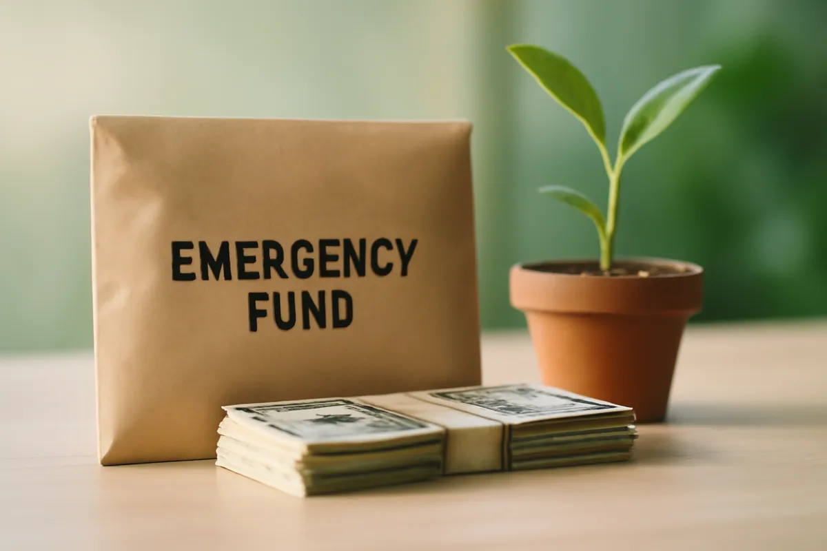 A brown paper envelope labeled EMERGENCY FUND in black letters, with a folded stack of cash in front of it and a small potted seedling beside it on a light wooden table