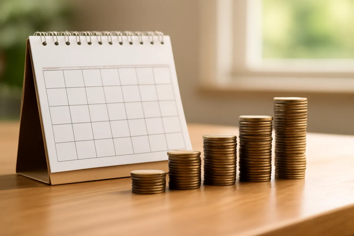 A blank spiral desk calendar open on a stand beside five ascending stacks of bronze coins on a wood table near a window