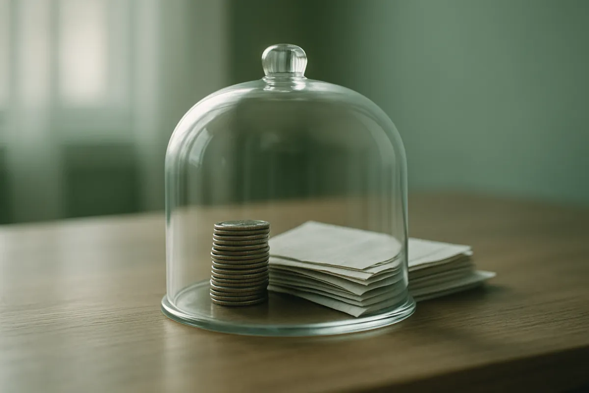 A clear glass dome covering a short stack of coins and a stack of folded white papers on a wooden table, set against a softly blurred green background