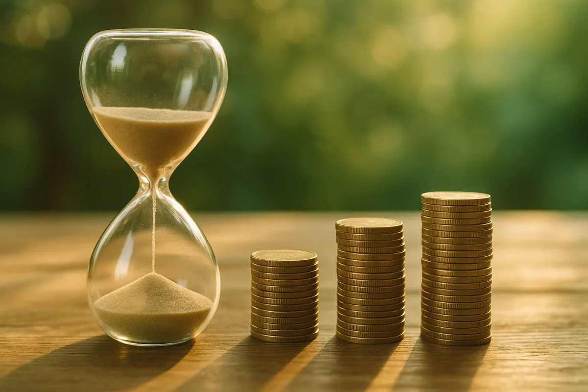 An hourglass with sand flowing through it, beside three ascending stacks of gold coins on a wooden table